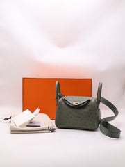 HERMES Mini Lindy Ostrich - Vert Amande with Gold Hardware [U]