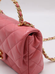 CHANEL 23B Top Handle Classic Flap Small - Lipstick Pink with Gold Hardware
