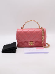 CHANEL 23B Top Handle Classic Flap Small - Lipstick Pink with Gold Hardware