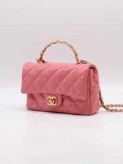 CHANEL 23B Top Handle Classic Flap Small - Lipstick Pink with Gold Hardware
