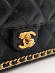 CHANEL 23K Quilted Caviar Leather Chain Around Flap Shoulder Bag - Black with Gold Hardware