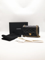 CHANEL 23K Quilted Caviar Leather Chain Around Flap Shoulder Bag - Black with Gold Hardware