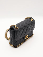 CHANEL 23K Quilted Caviar Leather Chain Around Flap Shoulder Bag - Black with Gold Hardware