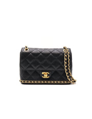 CHANEL 23K Quilted Caviar Leather Chain Around Flap Shoulder Bag - Black with Gold Hardware