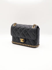 CHANEL 23K Quilted Caviar Leather Chain Around Flap Shoulder Bag - Black with Gold Hardware