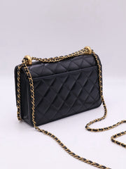 CHANEL Cruise Double Pearl Crush WOC – Black Calfskin with Gold Hardware