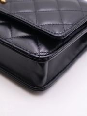 CHANEL Cruise Double Pearl Crush WOC – Black Calfskin with Gold Hardware