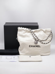 CHANEL 22 Handbag Small - White with Black Lettering