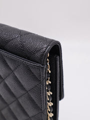 CHANEL Bow Ribbon Leather-Interwoven Chain Phone Holder - Black with Gold Hardware
