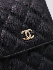 CHANEL Bow Ribbon Leather-Interwoven Chain Phone Holder - Black with Gold Hardware
