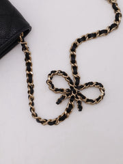 CHANEL Bow Ribbon Leather-Interwoven Chain Phone Holder - Black with Gold Hardware