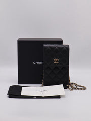 CHANEL Bow Ribbon Leather-Interwoven Chain Phone Holder - Black with Gold Hardware