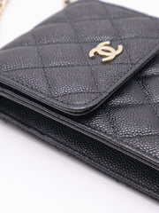 CHANEL Bow Ribbon Leather-Interwoven Chain Phone Holder - Black with Gold Hardware