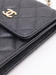 CHANEL Bow Ribbon Leather-Interwoven Chain Phone Holder - Black with Gold Hardware