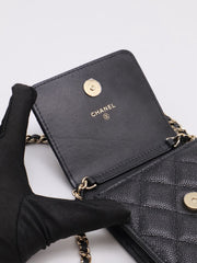 CHANEL Bow Ribbon Leather-Interwoven Chain Phone Holder - Black with Gold Hardware