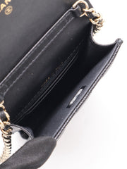 CHANEL Bow Ribbon Leather-Interwoven Chain Phone Holder - Black with Gold Hardware