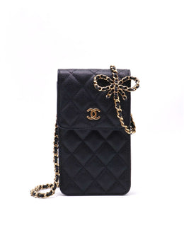 CHANEL Bow Ribbon Leather-Interwoven Chain Phone Holder - Black with Gold Hardware