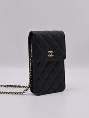 CHANEL Bow Ribbon Leather-Interwoven Chain Phone Holder - Black with Gold Hardware