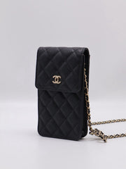 CHANEL Bow Ribbon Leather-Interwoven Chain Phone Holder - Black with Gold Hardware