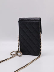 CHANEL Bow Ribbon Leather-Interwoven Chain Phone Holder - Black with Gold Hardware