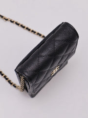 CHANEL Bow Ribbon Leather-Interwoven Chain Phone Holder - Black with Gold Hardware
