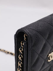 CHANEL Bow Ribbon Leather-Interwoven Chain Phone Holder - Black with Gold Hardware