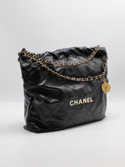 CHANEL 22 Handbag Medium - Black/White Logo with Gold Hardware
