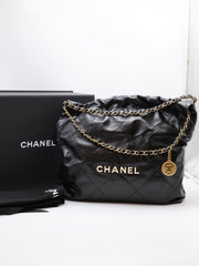 CHANEL 22 Handbag Medium - Black/White Logo with Gold Hardware