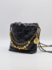 CHANEL 22 Mini Handbag with Pearl Chain - Black with Gold Hardware