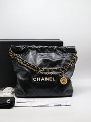 CHANEL 22 Handbag Small - Black/White Logo with Gold Hardware
