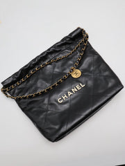 CHANEL 22 Handbag Small - Black/White Logo with Gold Hardware