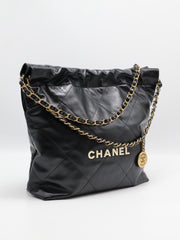 CHANEL 22 Handbag Small - Black/White Logo with Gold Hardware