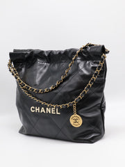 CHANEL 22 Handbag Small - Black/White Logo with Gold Hardware