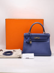 HERMES Kelly 28 - Bleu Brighton/Capucine with Palladium Hardware [C]