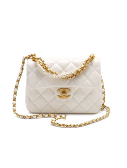 CHANEL 24P Caviar Mini Square Flap Bag with Pearl Top Handle – White with Gold Hardware