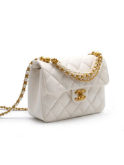 CHANEL 24P Caviar Mini Square Flap Bag with Pearl Top Handle – White with Gold Hardware
