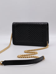 CHANEL Boy Chevron Calfskin Wallet on Chain - Black with Gold Hardware