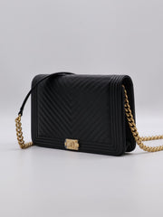 CHANEL Boy Chevron Calfskin Wallet on Chain - Black with Gold Hardware