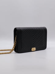 CHANEL Boy Chevron Calfskin Wallet on Chain - Black with Gold Hardware