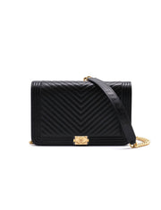 CHANEL Boy Chevron Calfskin Wallet on Chain - Black with Gold Hardware
