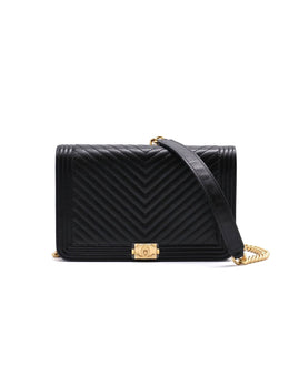 CHANEL Boy Chevron Calfskin Wallet on Chain - Black with Gold Hardware