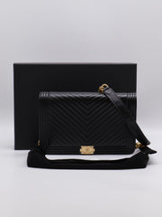 CHANEL Boy Chevron Calfskin Wallet on Chain - Black with Gold Hardware