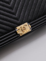 CHANEL Boy Chevron Calfskin Wallet on Chain - Black with Gold Hardware