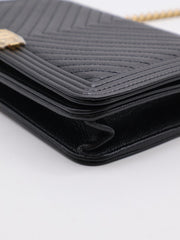 CHANEL Boy Chevron Calfskin Wallet on Chain - Black with Gold Hardware
