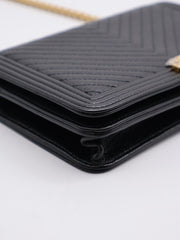 CHANEL Boy Chevron Calfskin Wallet on Chain - Black with Gold Hardware