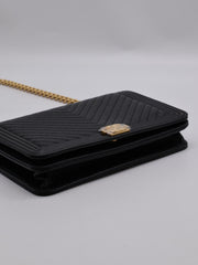 CHANEL Boy Chevron Calfskin Wallet on Chain - Black with Gold Hardware