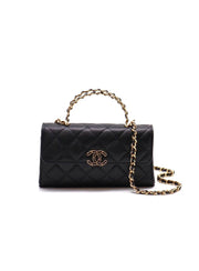 CHANEL Caviar Top Handle Kelly Clutch with Chain - Black with Gold Hardware