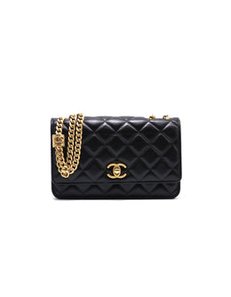 CHANEL Lambskin Trench Button Wallet on Chain - Black with Gold Hardware