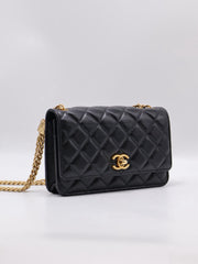 CHANEL Lambskin Trench Button Wallet on Chain - Black with Gold Hardware
